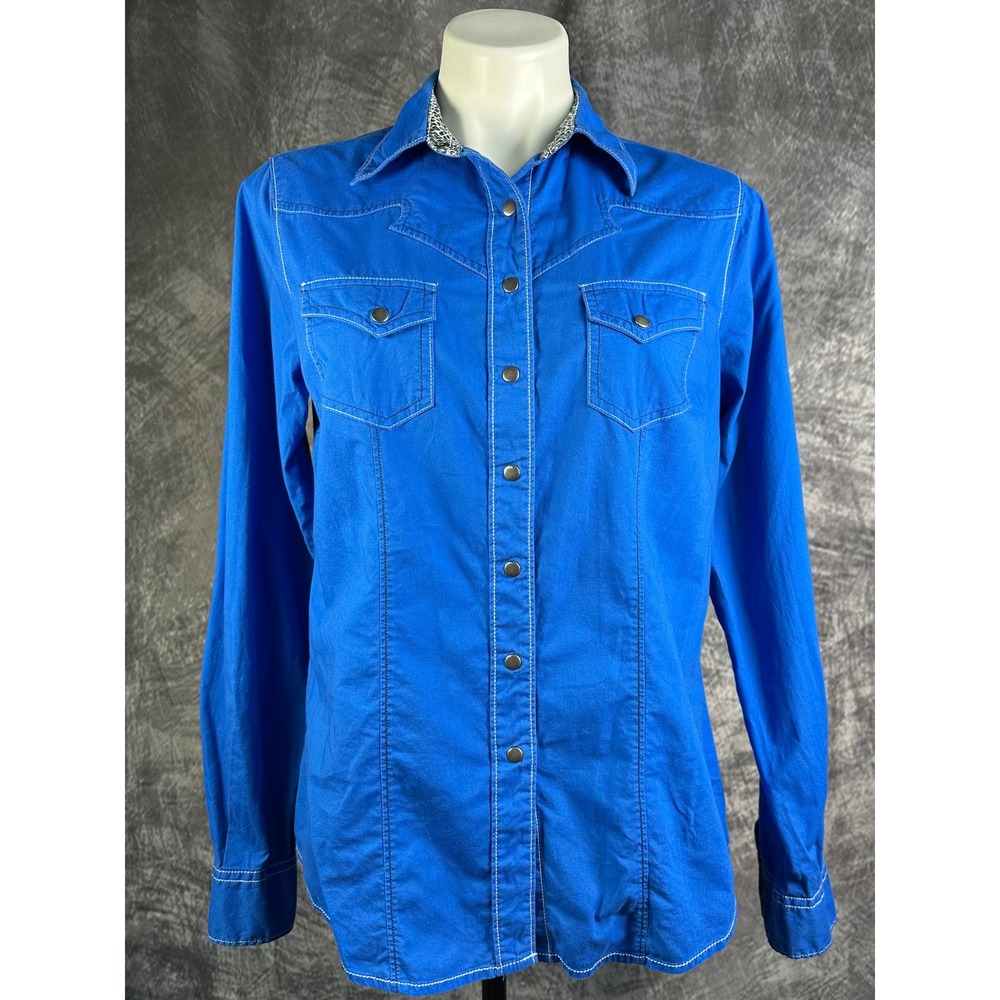 Cruel Girl Western Shirt Women Large Royal Blue Snakeskin Trim Pearl Snap